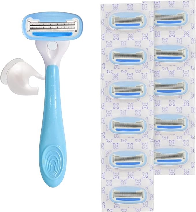 Amazon Basics 5-Blade Razor Handle for Women, Includes 12 Cartridges and Shower Hanger, 14 Piece Set, Blue