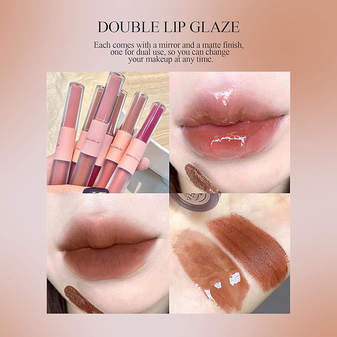KWOLYKIM 2 In 1 Double Mirror And Matte Lip Gloss, Hydrating Lip Gloss with Essential oil, Liquid Shine Glossy Lip Tint, Hydrated & Fuller-looking Lips, Long-Lasting Sweet Lip Glaze