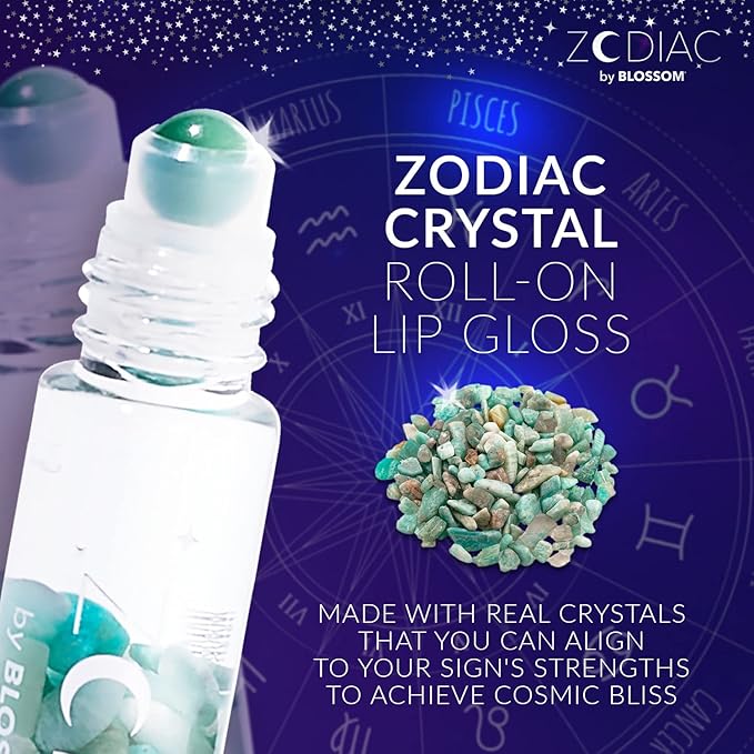 Blossom Zodiac Sign Vanilla Scented Moisturizing Roll-On Lip Gloss with Crystals + pH Technology Color Changing Crystal Strawberry Scented Lip Balm, 2 Pack Bundle, Pisces/Turquoise