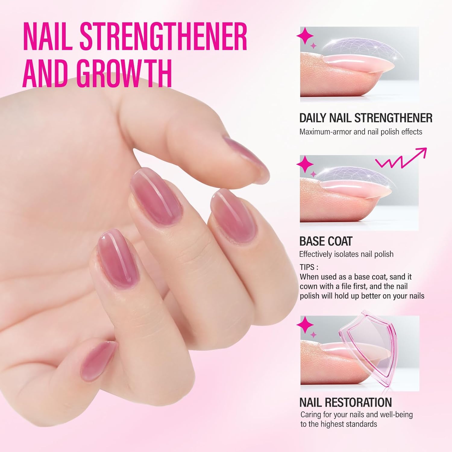 Nail Strengthener for Women: 8 in 1 Dusty Rose Nail Hardener Extra Strong and Growth - Nail Polish Hardener for Weak and Damaged Nails 15ml