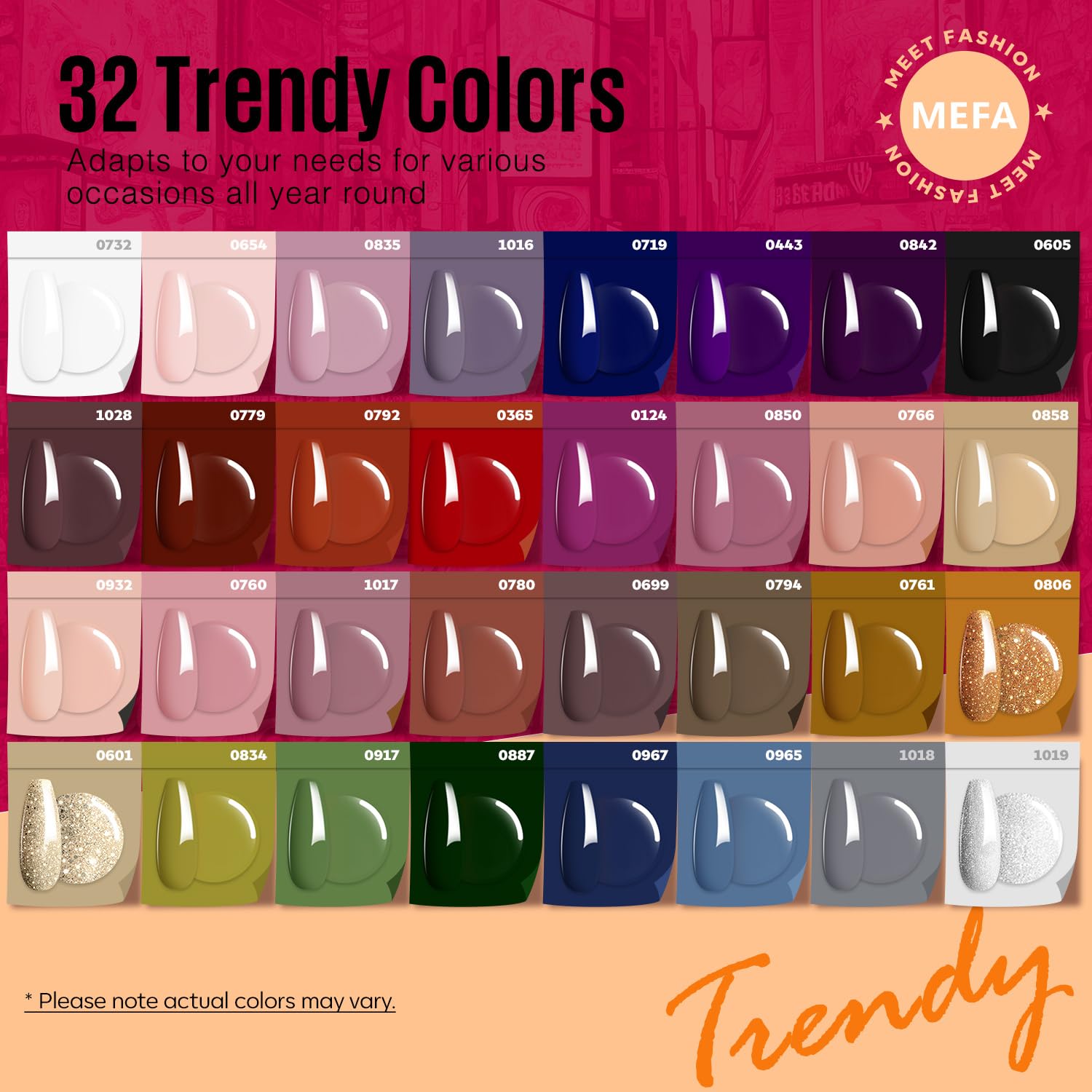 MEFA Fall Gel Nail Polish Set, 32 Colors Burgundy Red Gel Polish Set Champagne Gold Glitter Nail Polish Soak Off Dark Red Purple Shimmer Nude Brown Gel Nail Gifts for Women Girl DIY Salon