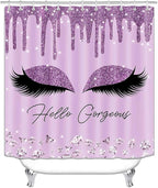 4PCS Purple Glitter Hello Gorgeous Shower Curtain Set, Glam Bling Diamond Rhinestones Gem Makeup Unicorn Eyelash Bathroom Decor, Waterproof Fabric Shower Curtain, Non-Slip Bath Mat Toilet Rug