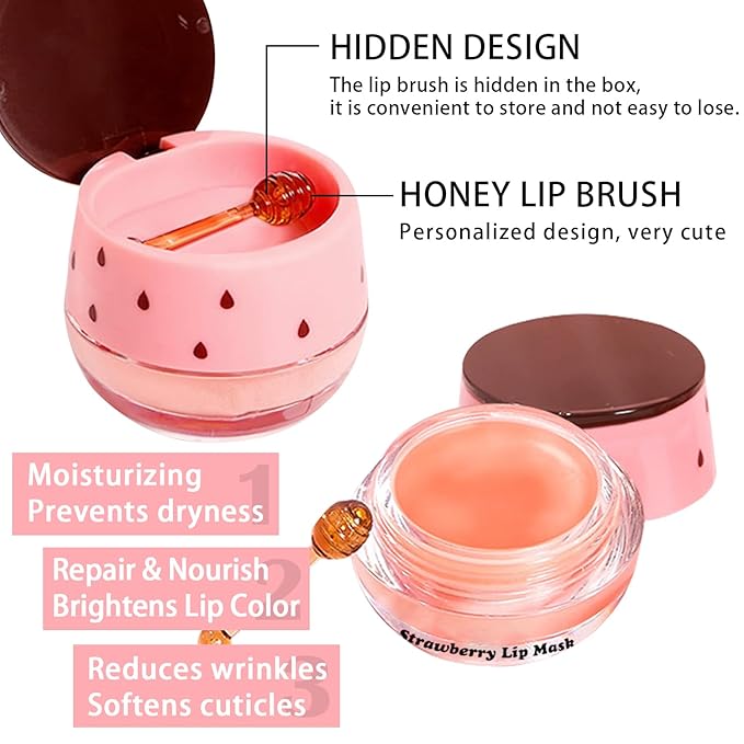 3 PCS Bee Lip Balm Honey Pot, Honey & Strawberry & Watermelon Lip Mask Overnight Propolis Moisturizing Lip Balm Hydrating Prevention Dry and Crack Lip Scrubs Exfoliator Lip Wrinkle Care (Set B)