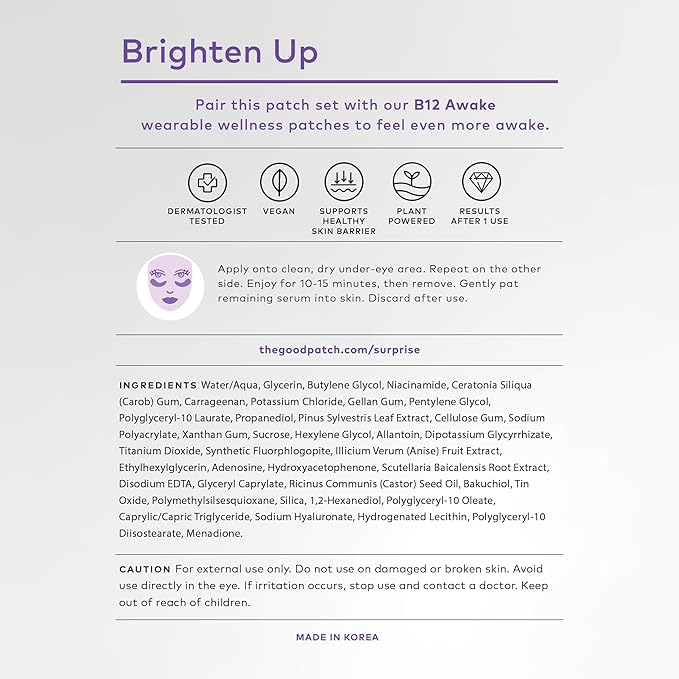 The Good Patch Brighten Up Hydrogel Under Eye Patches for Dark Circles and Puffy Eyes, Made with Niacinamide, Vitamin K, Pine Leaf Extract, Clinically Proven (18 Total Patch Sets)