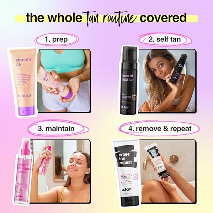 b.tan Violet Self Tan Foam & Face Mist Kit | Lovers Bundle - Dark Sunless Tanning Mousse, Bronzing Glow Gradual Facial + Body Spray, Mitt Applicator, 1 Hour Express, No Fake Tanner Smell, 6.7 Fl Oz