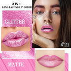 evpct Pink Metallic Glitter Lip Liner and Lipstick Combo Lip Gloss Stain Set Makeup for Women Long Lasting Waterproof 24, Rose Pink Metallic Shimmer Frosted Iridescent Glossy Liquid Lipstick 21