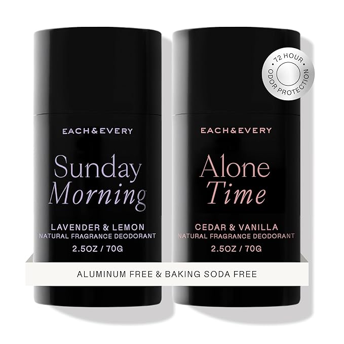 Each & Every Aluminum Free Deodorant for Women & Men, Lavender & Lemon + Cedar & Vanilla - All Natural Deodorant for Sensitive Skin, EWG Verified - Clean, Baking Soda-Free, Plant-Based - 2.5oz, 2 Pack