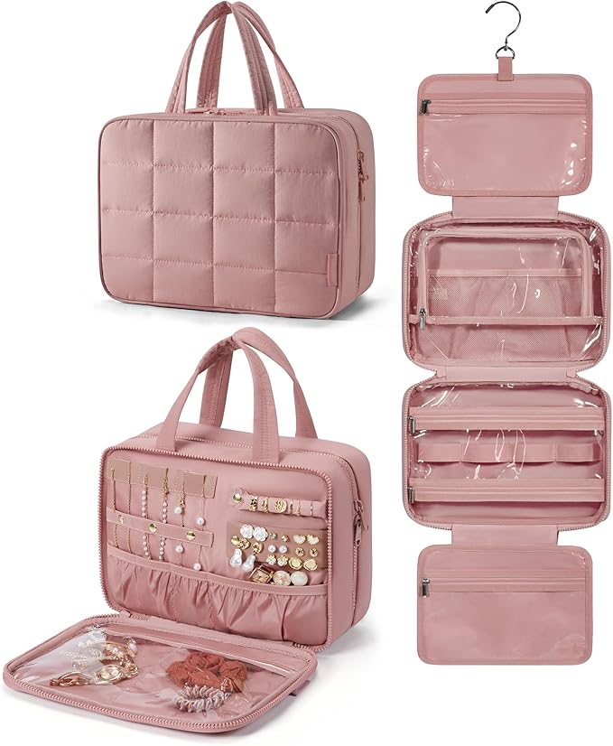 BAGSMART Travel Toiletry Bag with Jewelry Organizer, Hanging Travel Bag for Toiletries, Puffy Makeup Cosmetic Bag Organizer, Carry-on Travel Accessories Essentials, Dark Pink-L
