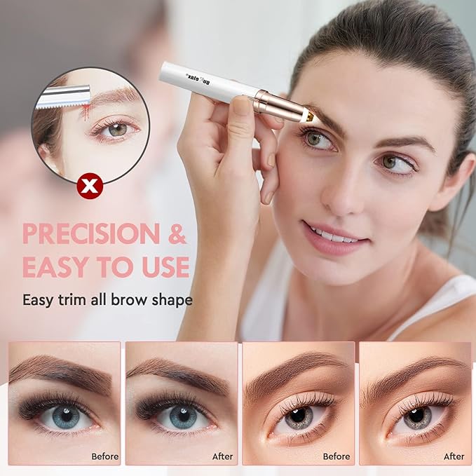 gurelax Eyebrow Hair Remover, Electric Eyebrow Trimmer for Women,Face and Eye Epilator with LED Light for Women Rechargeable with 2 x Replacement Heads (White)