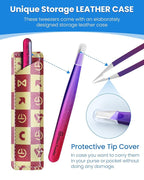 Expert Slant Tip Tweezers with Leather Travel Case, GlamTweeler Sharp & Precision Stainless Steel Tweezer for Eyebrows, Facial Hair and Fine Hairs Removal (Sparkle Deep Violet & Lavender)