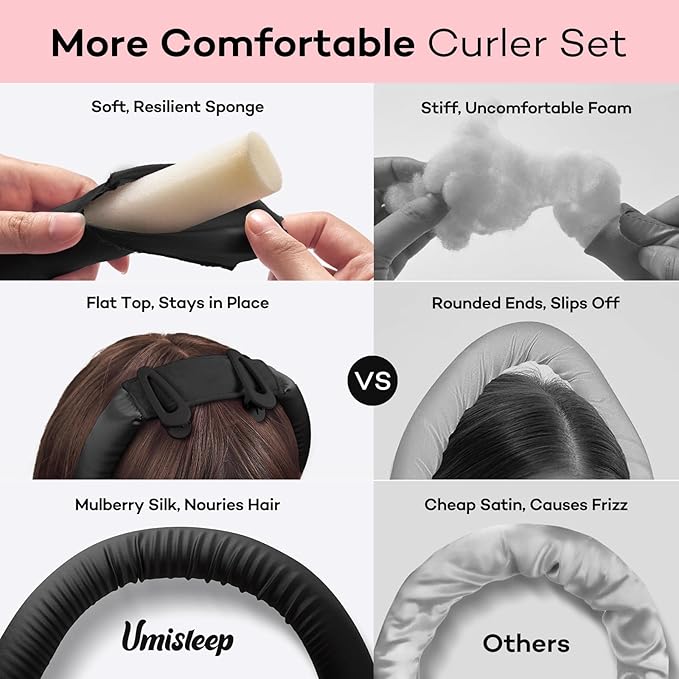 Umisleep 22 Momme 100% Mulberry Silk Heatless Hair Curler Set — Frizz-Free Hair Rollers for Women Long Hair, Overnight Heatless Curls, Upgraded Soft Flat Design with Clips & Scrunchies, Black