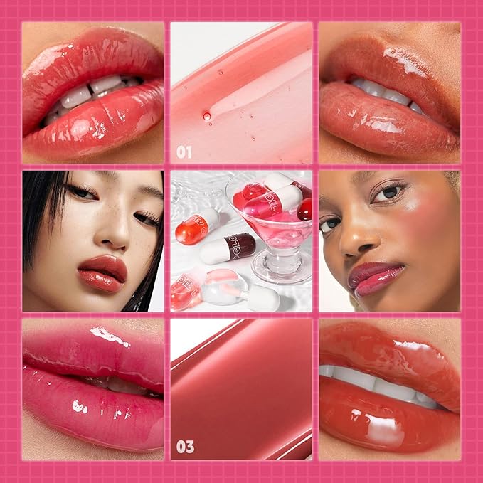 Lip Plumper Gloss High-Shine Liquid Lip Plumping Color, Long-Lasting Plumper Pout, Moisturizing, Non-Sticky With Natural Ginger Extract Portable 6 Colors (06#Strawberry)