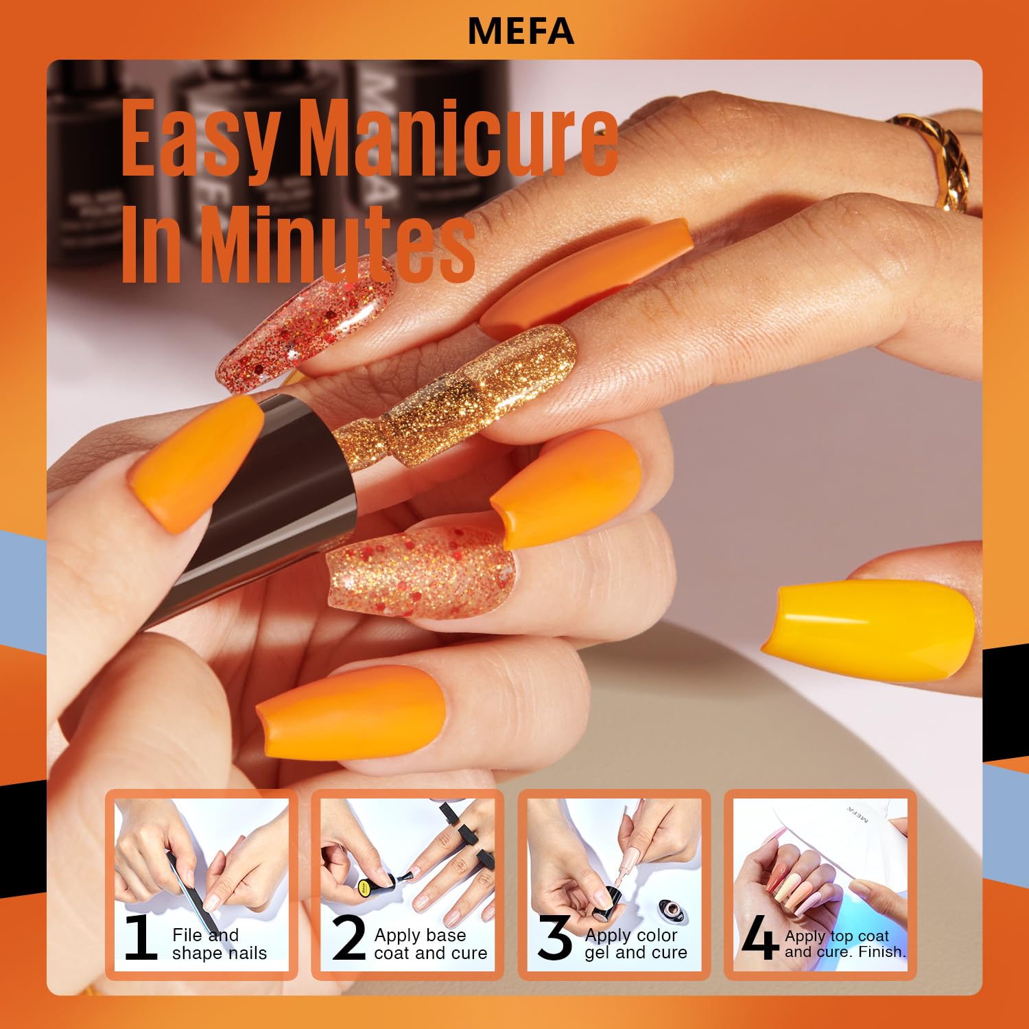 MEFA Fall Gel Nail Polish Set, 12 Colors Orange Burgundy Red Gel Polish Set Flash Dark Red Glitter Nail Polish Shimmer Nude Brown Blue Yellow Nail Gifts for Women Girl DIY Salon Home Spring Summer