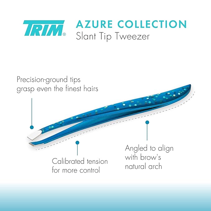 TRIM Azure Collection Slant Tip Tweezer – Precision-Ground Tips Grasp Even The Finest Hairs – Angled to Align with The Brow's Natural Arch – Calibrated Tension for More Control – Stainless Steel