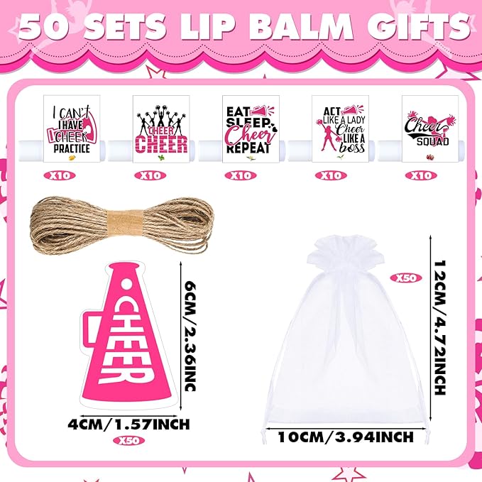 50 Sets Cheer Gifts Bulk 50 Cheer Lip Balm Bulk Moisturizing with 50 Organza Drawstring Gift Bags 50 tags Cheerleader Gifts Cheer Gifts Bulk for Team (Pink)