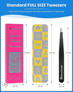 Expert Slant Tip Tweezers with Leather Case, GlamTweeler Sharp & Precision Stainless Steel Tweezer for Eyebrows, Facial Hair and Fine Hairs Removal (Black)