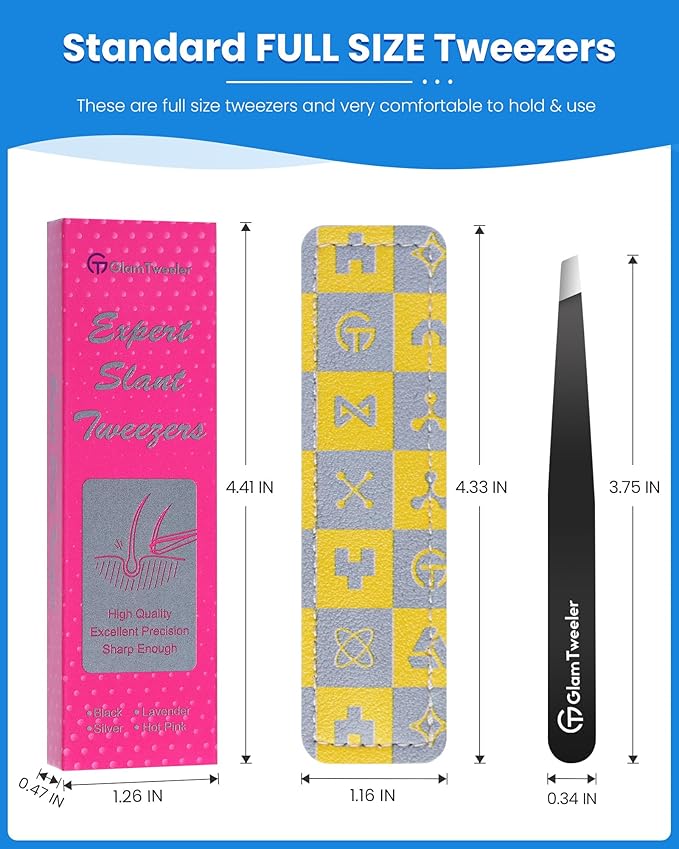 Expert Slant Tip Tweezers with Leather Case, GlamTweeler Sharp & Precision Stainless Steel Tweezer for Eyebrows, Facial Hair and Fine Hairs Removal (Black)