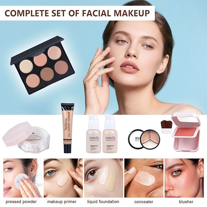 All in One Makeup Kit Makeup Kit for Women Full Kit Multipurpose Makeup ，eyeshadow、 liquid foundation,Loose powder,Eyebrow pencil,4-color lip gloss set