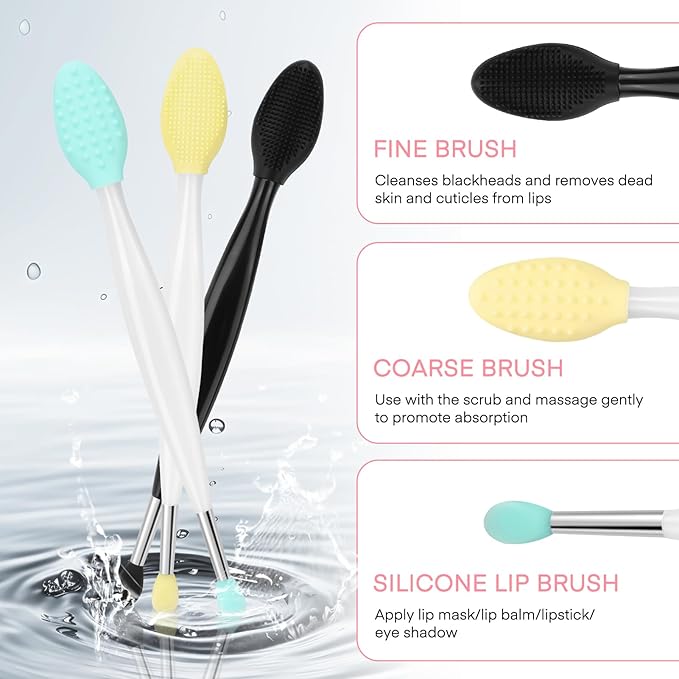 Unaone Lip Scrub Brush - 3 PCS Dual-ended Lip Scrubber Exfoliator and Silicone Lip Brush, 2-in-1 Silicone Lip Scrub Tool Lip Mask Applicator, Gentle Exfoliator & Applicator for Soft