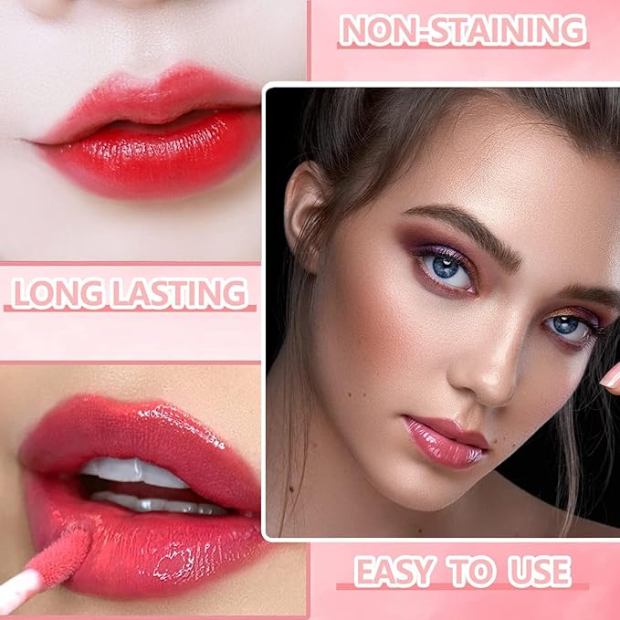 Eakroo 10 Colors Lip Tint Stain Set, Korean Lip Gloss Watery Lip Stain Moisturizing Mini Liquid Lipstick Set, Multi-Use Lip and Cheek Tint, Non-Stick Cup, High Pigment, Long-Lasting, Vivid Color