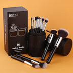 BEILI Makeup Brushes 12pcs Makeup Brushes Set with Holder Premium Synthetic Kabuki Foundation Brush Blending Blush Concealer Full Face Makeup Brushes Kit With Gift Box(Black)