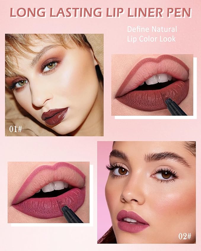 Lip Stain Marker Pen,2 Colors Brown Pink Lip Liner Pencil,Matte Lip Tint Stain Liquid Lipstick,Longlasting Waterproof Precise Chisel Tip Smooth Lipliner,Natural Lip Color Makeup Gift for Women-01+02