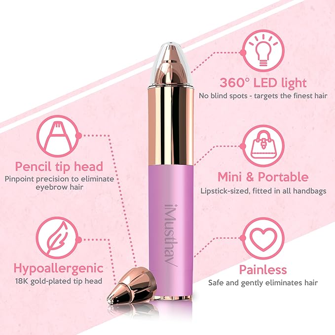Mini Portable Painless Eyebrow Remover Trimmer for Women, Eyebrow Razor Epilator Pen,18K Gold-Plated Hypoallergenic Precision Pencil-tip. 360° LED Light for Instant and Painless Hair Remover.