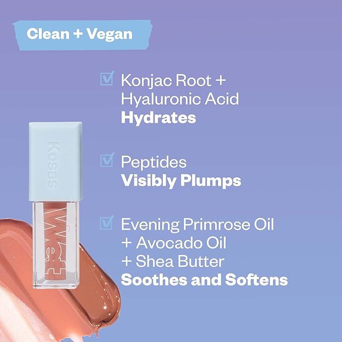 Kosas Wet Lip Oil Gloss - Hydrating Lip Plumping Treatment with Hyaluronic Acid & Peptides, Non-Sticky Finish (Unbuttoned)