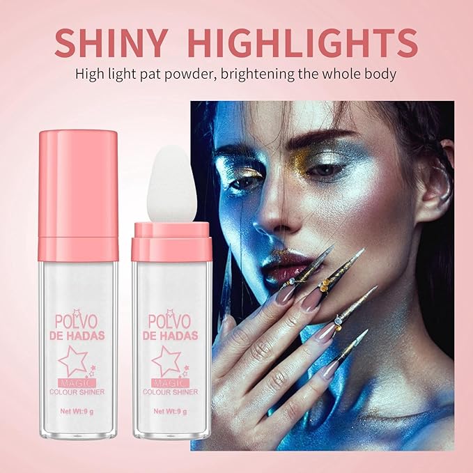 2PCS Polvo De Hadas Fairy Dust Highlight Patting Powder - Full Body Contouring and Clavicle Pearlescent Patting Powder for Face and Eye, Christmas Sparkling Body Glitter (#01 White & #02 Pink)