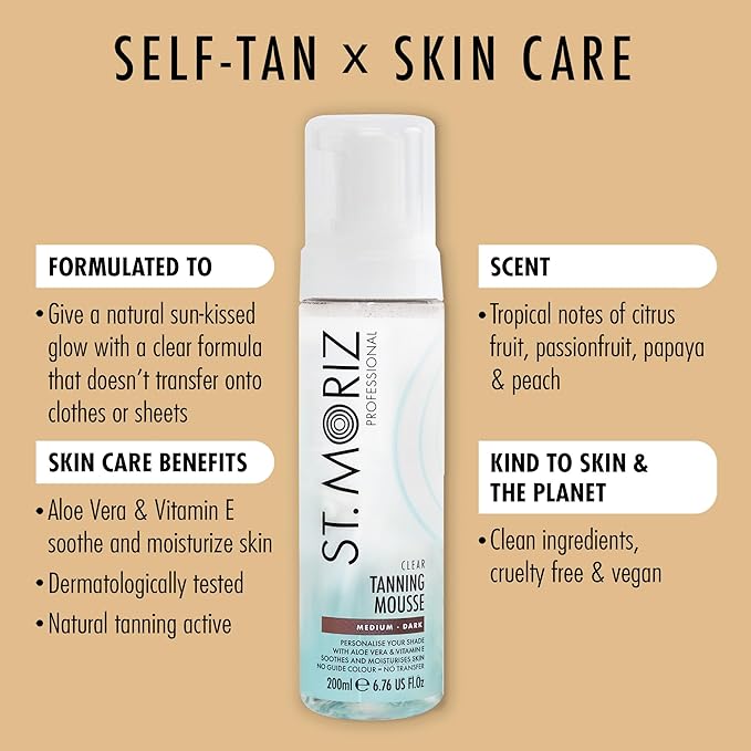 St Moriz Professional Clear Tanning Mousse with Aloe Vera & Vitamin E, Fast Drying Vegan Fake Tan, Medium to Dark (200ml)