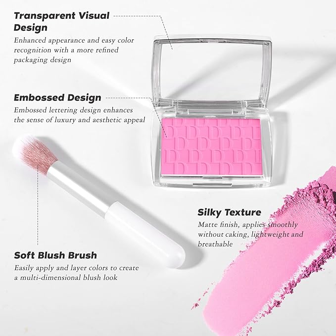 Berry Blush Powder Blush for Cheeks with Brush, Matte Blush Palette Blush Powder Face Blusher, Natural Blendable Formula Silky Lightweight Makeup Blush Rubores de Maquillaje, 006#