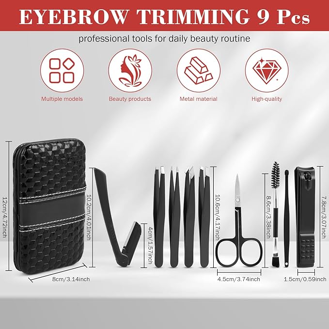 Tweezers Set, Hyxhappy 9 pcs Professional Stainless Steel Tweezers Kit for Facial Hair, Precision Plucker Eyebrow Tweezer Kit with Luxurious Travel Case as Stocking Stuffers Gifts for Women/men