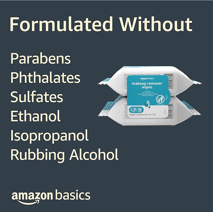 Amazon Basics Hydrating Makeup Remover Wipes, 50 wipes (Pack of 2)