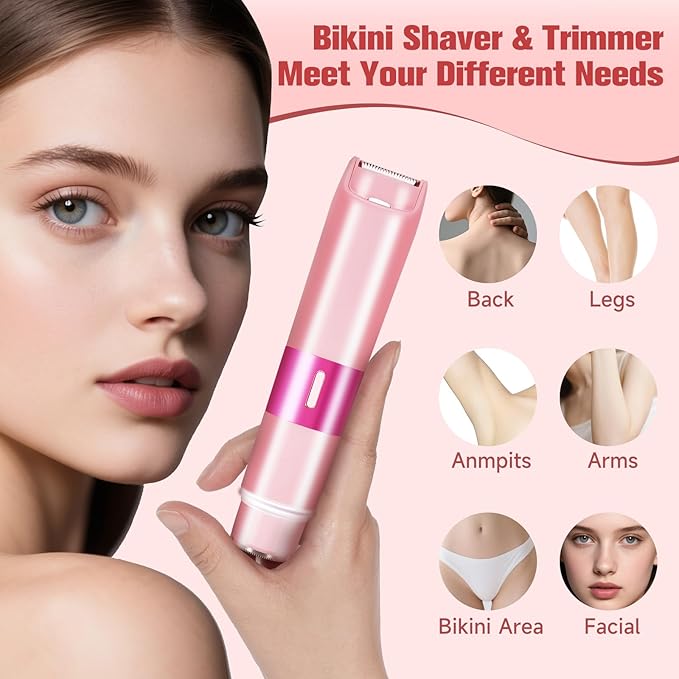 Bikini Trimmer for Women, 2 in 1 Electric Razor with LED Light, Body Facial Hair Remover, Type-C Charging, Wet/Dry Use for Smooth Skin