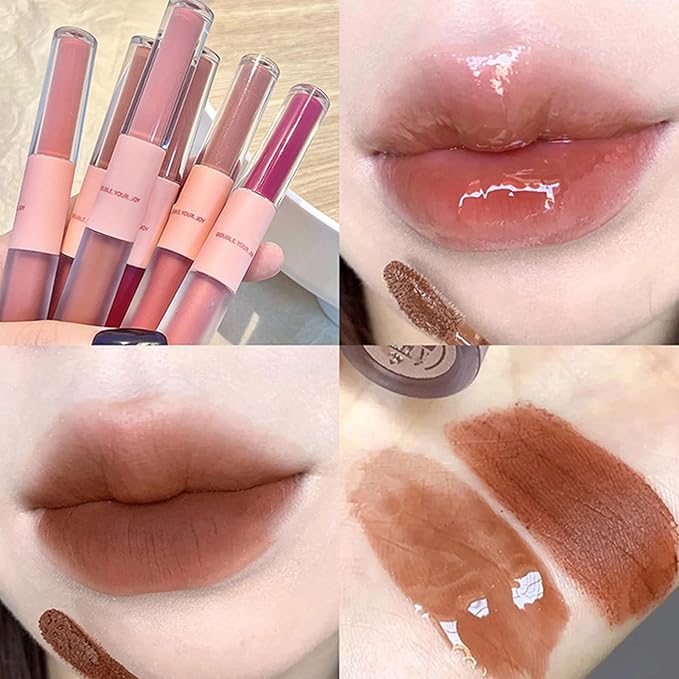 KWOLYKIM 2 In 1 Double Mirror And Matte Lip Gloss, Hydrating Lip Gloss with Essential oil, Liquid Shine Glossy Lip Tint, Hydrated & Fuller-looking Lips, Long-Lasting Sweet Lip Glaze