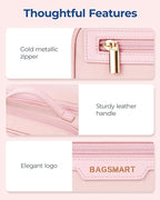 BAGSMART Travel Makeup Bag Large Capacity Cosmetic Bag, Wide-open Portable Make Up Bag Organizer for Women for Travel Essentials Toiletries Accessories Bottles, Brushes, Pink