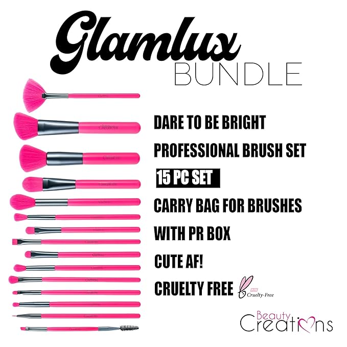 Beauty Bundle Beauty Creations Dare To Be Brights Collection Bomb AF 12 color eyeshadow palette, Lip Set & 15pc Brush Set and Pouch Enclosed in Hot Pink Box