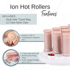 CALISTA Ion Hot Rollers for Long Hair | Hair Roller Clips Included | Heats to 230°F | Dual Voltage | Add Hands-Free Curls, Waves, and Volume (Pink, Long - 12)
