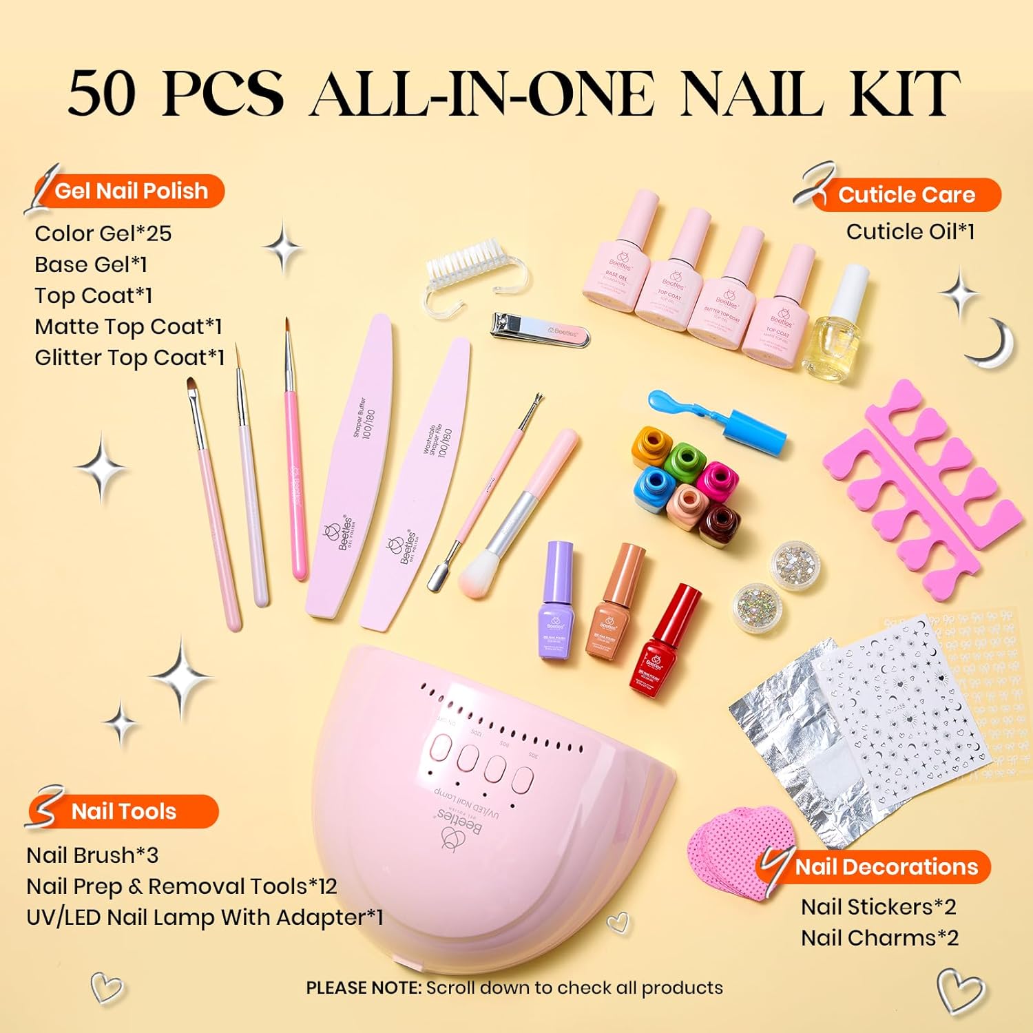 Beetles Gel Nail Polish Kit with U V Light - 25 Colors 51 Pcs Gel Polish Kit One Color One Bottle with Top &Base Coat Beauty Must Have DIY Salon Imprints of Time Collection Gifts for Women Teen Girls