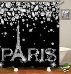 4PCS Eiffel Tower Shower Curtain Set, Luxury Jewelry Rhinestone Bling Diamond Paris Bathroom Decor, Waterproof Fabric Black Shower Curtain, Non-slip Bath Mat Toilet Lid Cover Bathroom Rugs