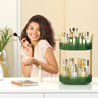 360° Rotating Makeup Organizer 2 Tier, Large Skincare Clear Make Up Storage Spinning Perfume Organizers for Bathroom Counter Dresser, Green