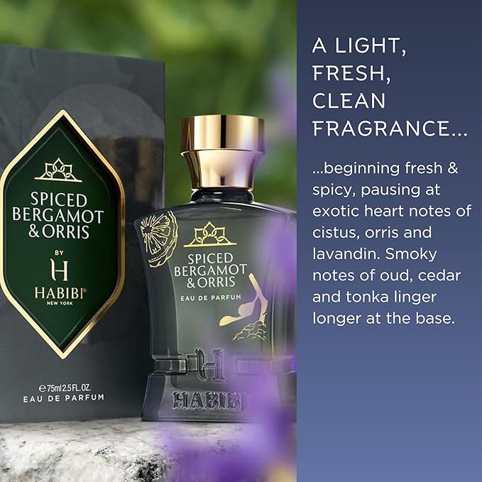 H HABIBI Spiced Bergamot & Orris Arabian Cologne For Men, Eau De Parfum (2.5 Oz) Long Lasting Perfume For Men Blended With Sweet & Spicy Notes of Sage & Oud