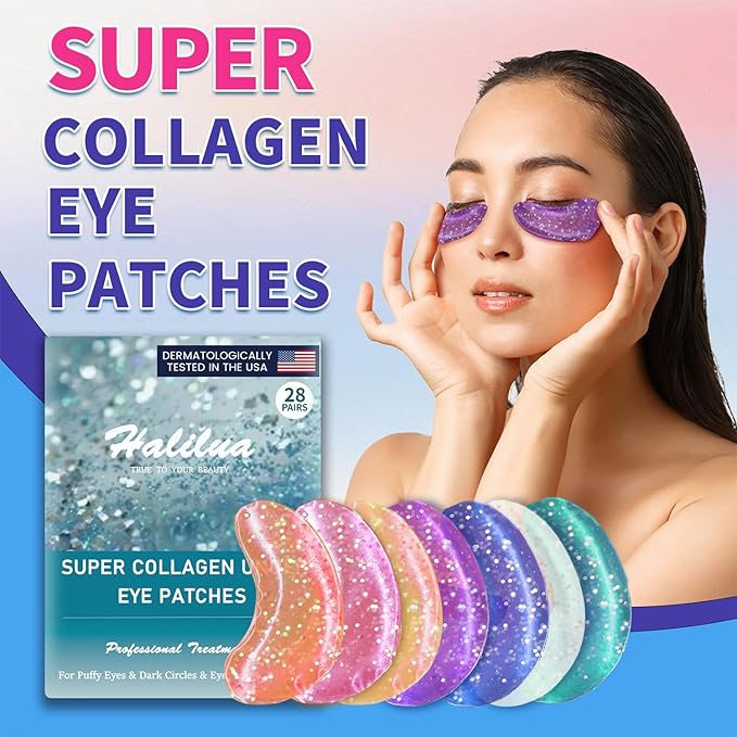 Under Eye Patches (28 Pairs), Eye Mask for Dark Circles, Puffy Eyes, Eye Bags, Wrinkles, 7 Colors Crystal Gel Gold Eye Mask Patches, Eye & Lip Treatment Skin Care Products