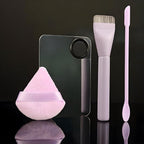 Makeup Brush Set - Flat Foundation Brush, Blender Sponge, Face Spatula, Puff & Heart-Shaped Mixing Palette with Leather Case – Complete Face Makeup Tool Kit for Blending, Foundation & Application