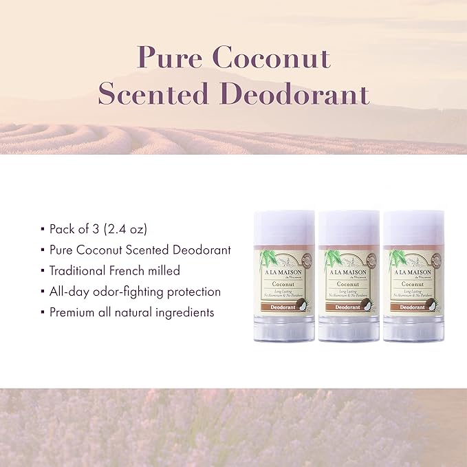 A La Maison Coconut Aluminum Free Deodorant for Women and Men - Natural Deodorant (3 Stick Bulk Pack)