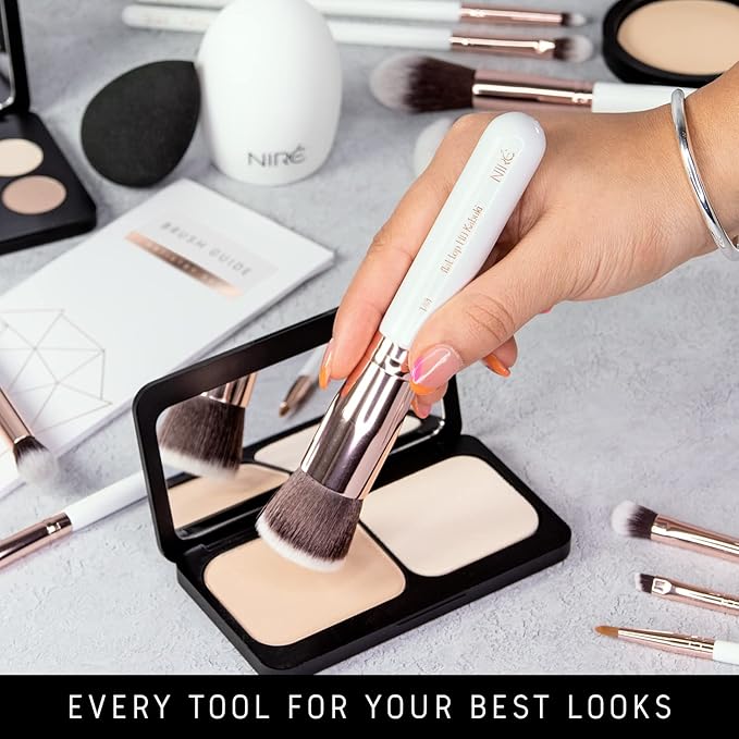 Niré Beauty White 15piece Award Winning Professional Makeup Brush Set: Vegan Makeup Brushes with Case, Makeup Sponge, Cleaner, Guide, Gift Box