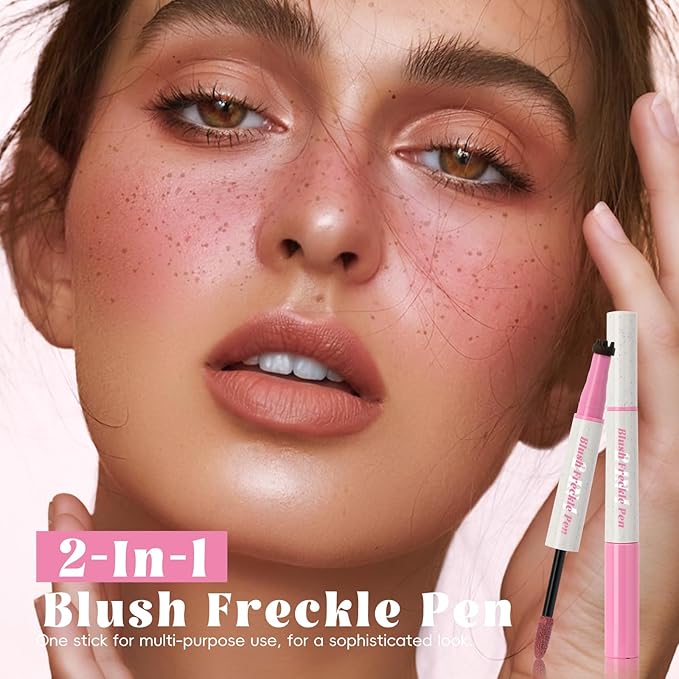 Freckle Blush Pen, 2in1 Light Brown Faux Freckle Stamp Pen Soft Pink Liquid Blush for Summer Sunkissed Makeup, Natural Lifelike Waterproof Long Lasting Quick Dry Fake Freck Tint Marker Pen01#