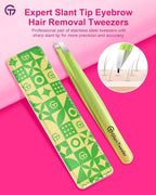 Expert Eyebrow Hair Removal Tweezer with Leather Case, GlamTweeler High Precision Slant Tip Stainless Steel Tweezers for Men and Women (Sparkle Apple Green & Yellow)