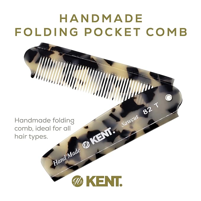 Kent 82T Handmade Folding Pocket Comb for Men, Fine Tooth Hair Comb Straightener for Everyday Grooming Styling Hair, Beard or Mustache, Use Dry or with Balms, Saw Cut Hand Polished, Made in England