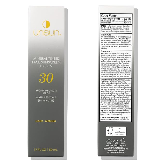 Unsun Mineral Tinted Face Sunscreen with Broad Spectrum SPF 30 - Water-Resistant Lotion, Primer & Color Corrector - 1.7 Fl Oz, Light/Medium